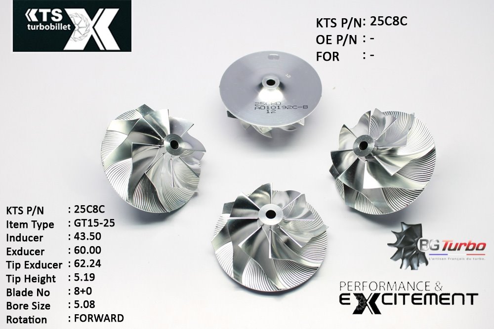 Turbo ROUE FORGÉE MFS PERFORMANCE - 8+0 PALES - INDUCER : 43,5 - EXDUCER : 60 - TYPE : GT15-25ANGLE : 50° - ROTATION : Forward - SUPER BACK : 3,68 - BORE SIZE : 5,08

